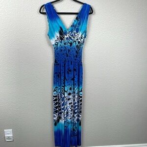 Feratelli Stretch Jersey Maxi Dress V Neck Smocked Waist Resort Vacation Sz L